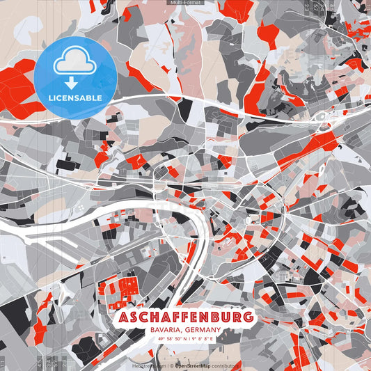 Aschaffenburg, Bavaria, Germany - modern street map poster template with gray and red tones