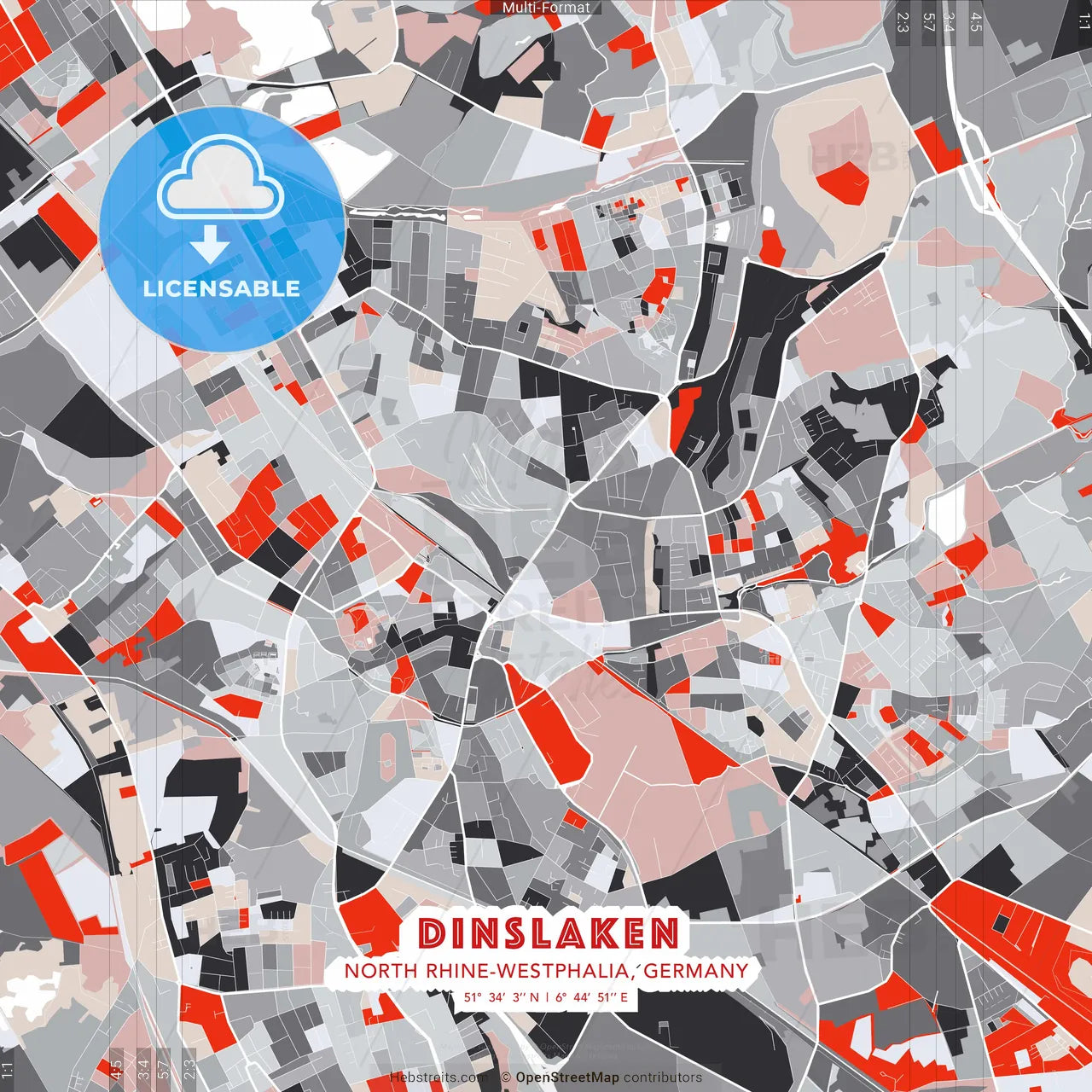 Dinslaken, North Rhine-Westphalia, Germany - modern street map poster template with gray and red tones