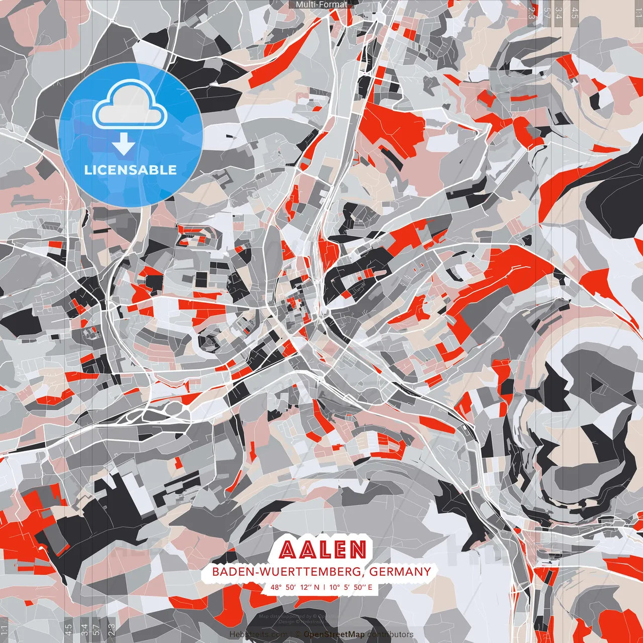 Aalen, Baden-Wuerttemberg, Germany - modern street map poster template with gray and red tones