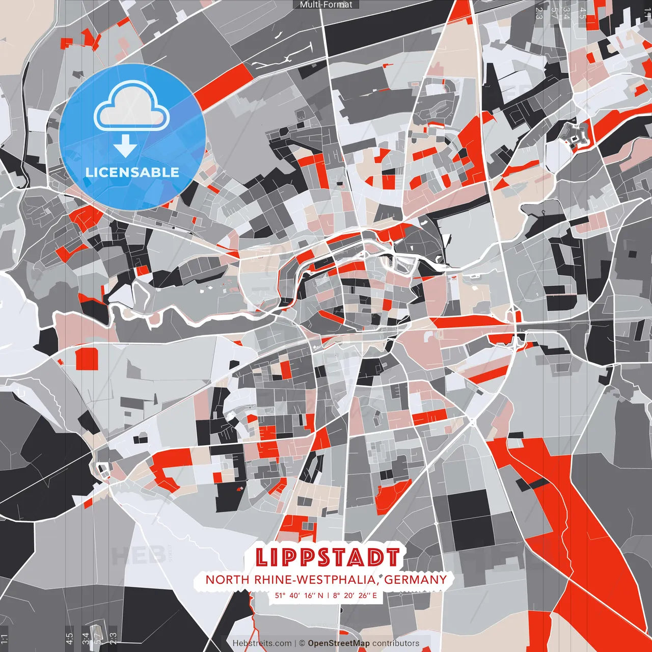 Lippstadt, North Rhine-Westphalia, Germany - modern street map poster template with gray and red tones