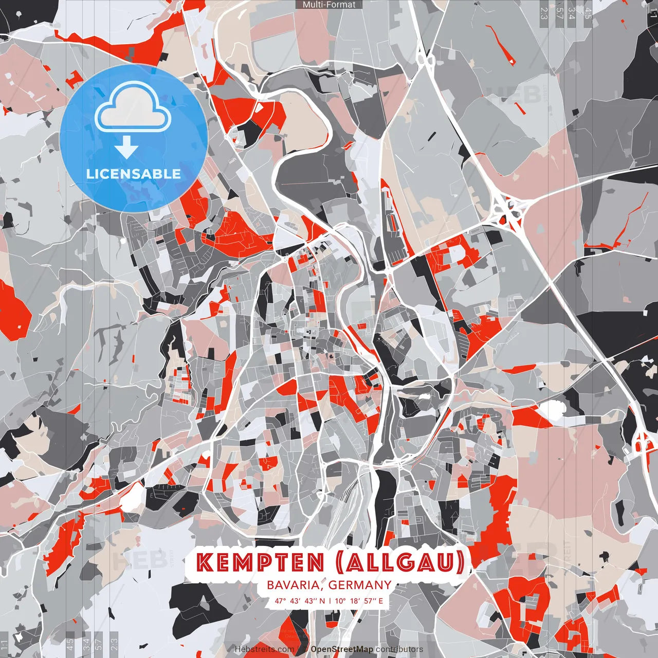 Kempten (Allgau), Bavaria, Germany - modern street map poster template with gray and red tones