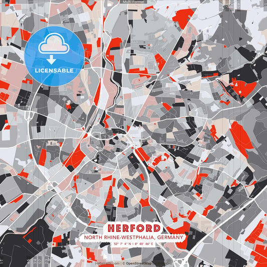 Herford, North Rhine-Westphalia, Germany - modern street map poster template with gray and red tones