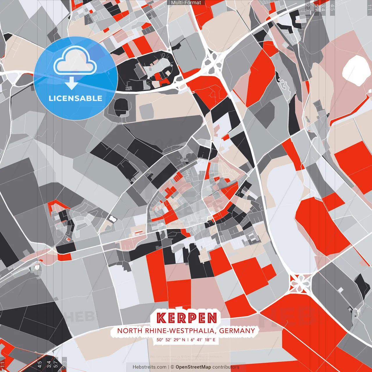 Kerpen, North Rhine-Westphalia, Germany - modern street map poster template with gray and red tones