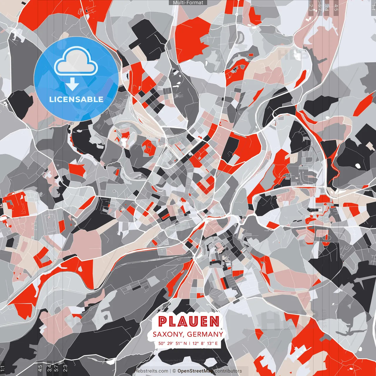 Plauen, Saxony, Germany - modern street map poster template with gray and red tones