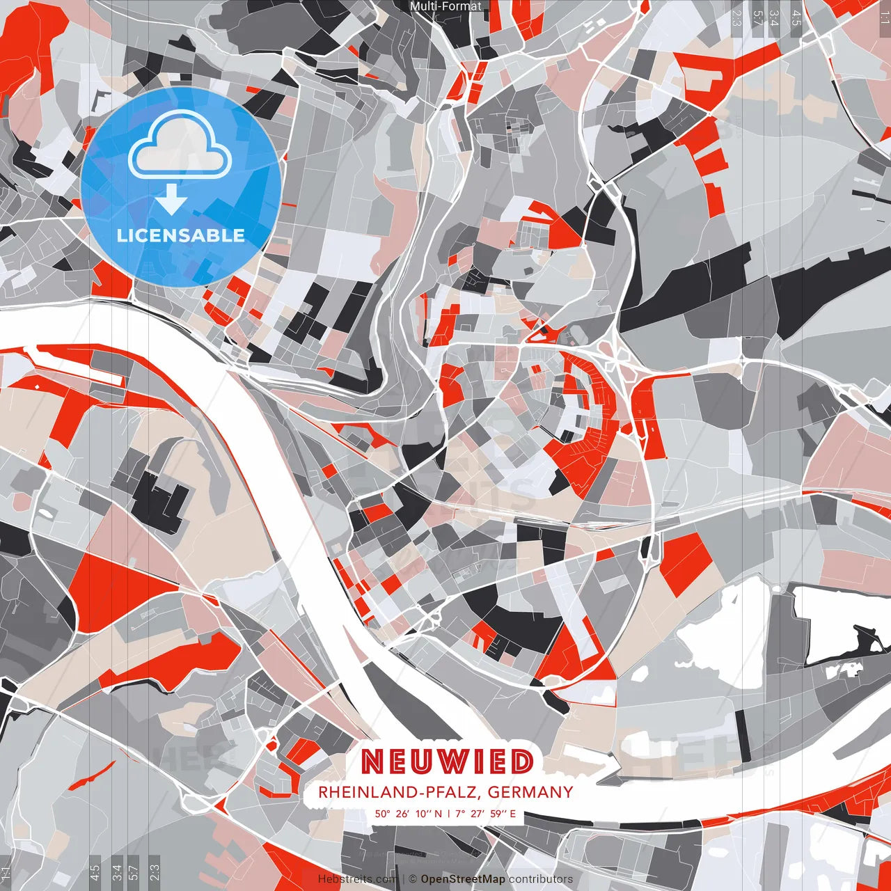 Neuwied, Rheinland-Pfalz, Germany - modern street map poster template with gray and red tones