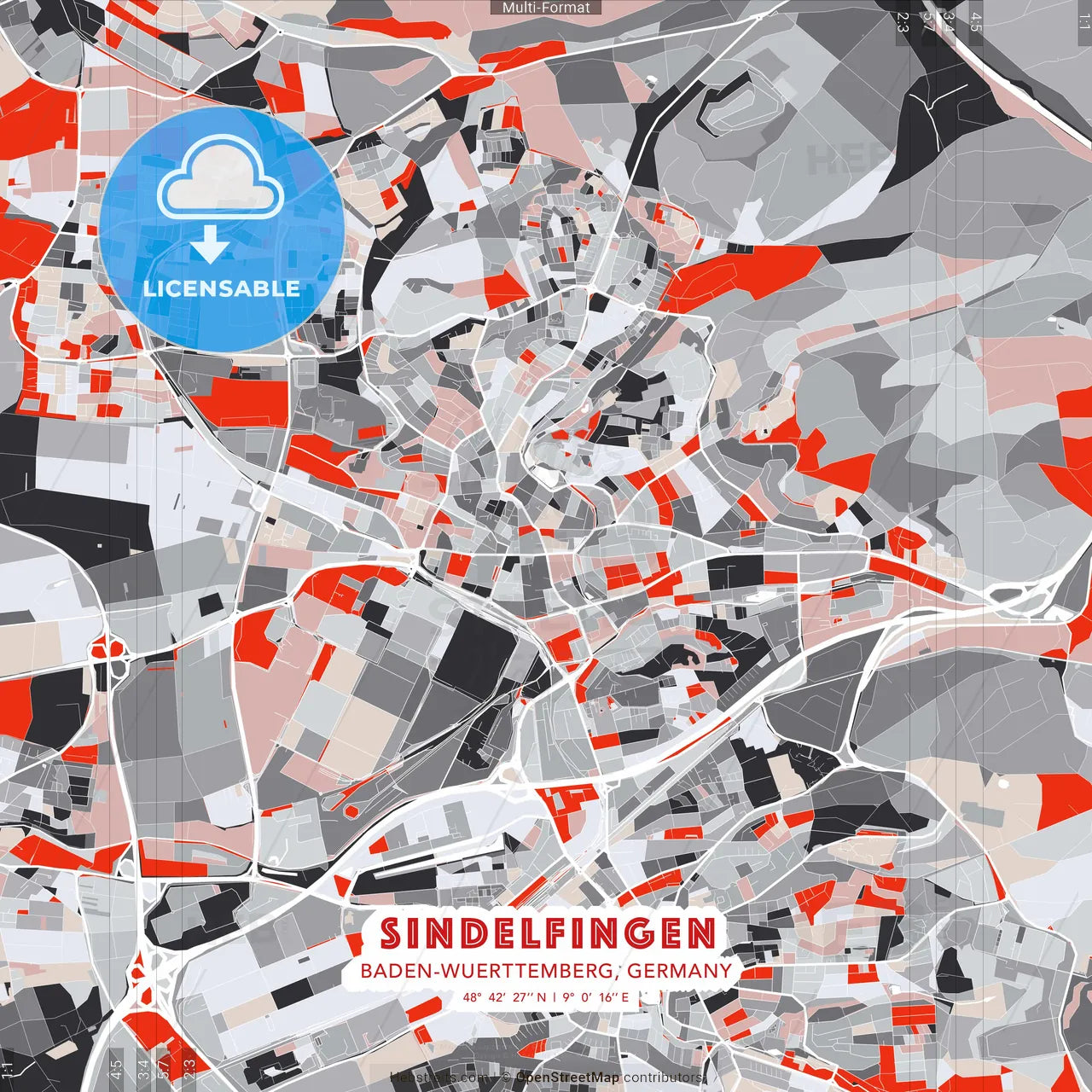 Sindelfingen, Baden-Wuerttemberg, Germany - modern street map poster template with gray and red tones