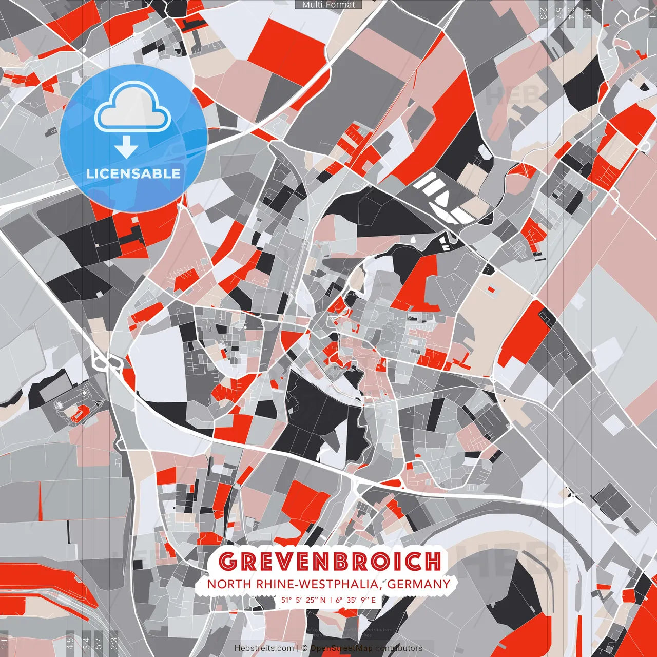 Grevenbroich, North Rhine-Westphalia, Germany - modern street map poster template with gray and red tones