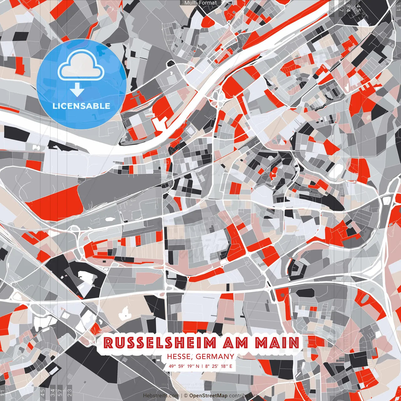 Russelsheim am Main, Hesse, Germany - modern street map poster template with gray and red tones