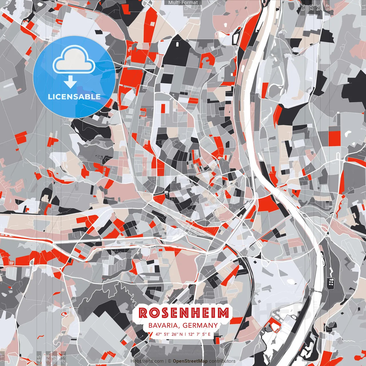 Rosenheim, Bavaria, Germany - modern street map poster template with gray and red tones