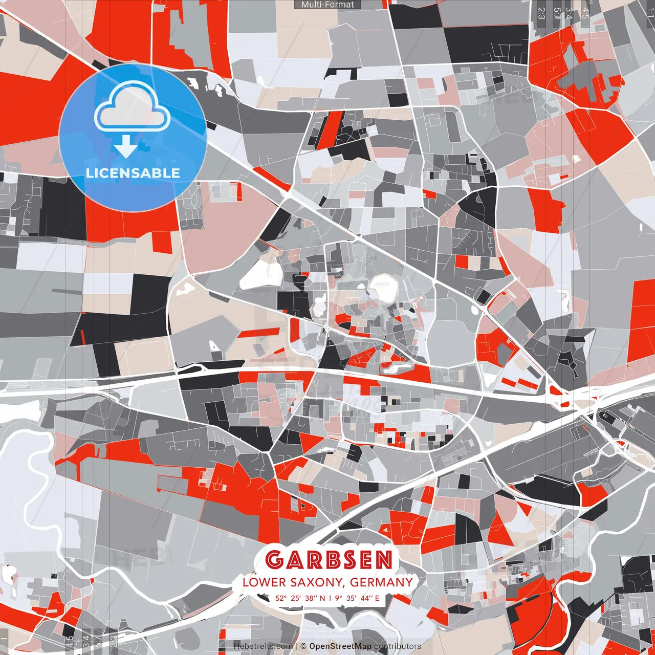 Garbsen, Lower Saxony, Germany - modern street map poster template with gray and red tones