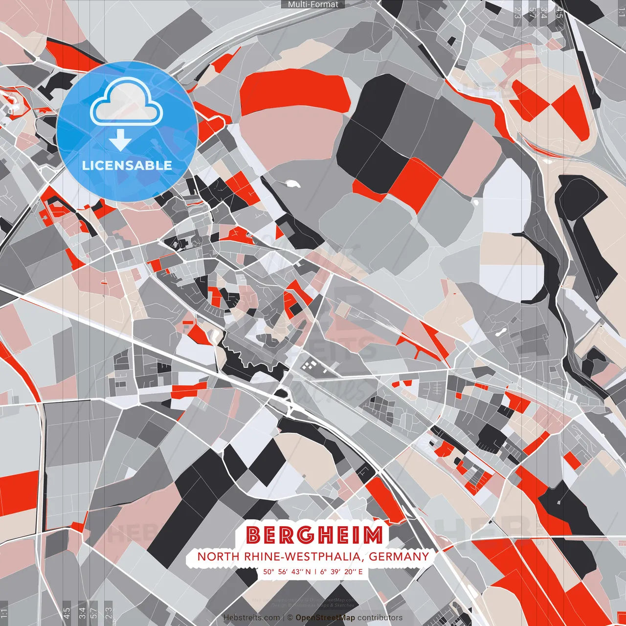 Bergheim, North Rhine-Westphalia, Germany - modern street map poster template with gray and red tones