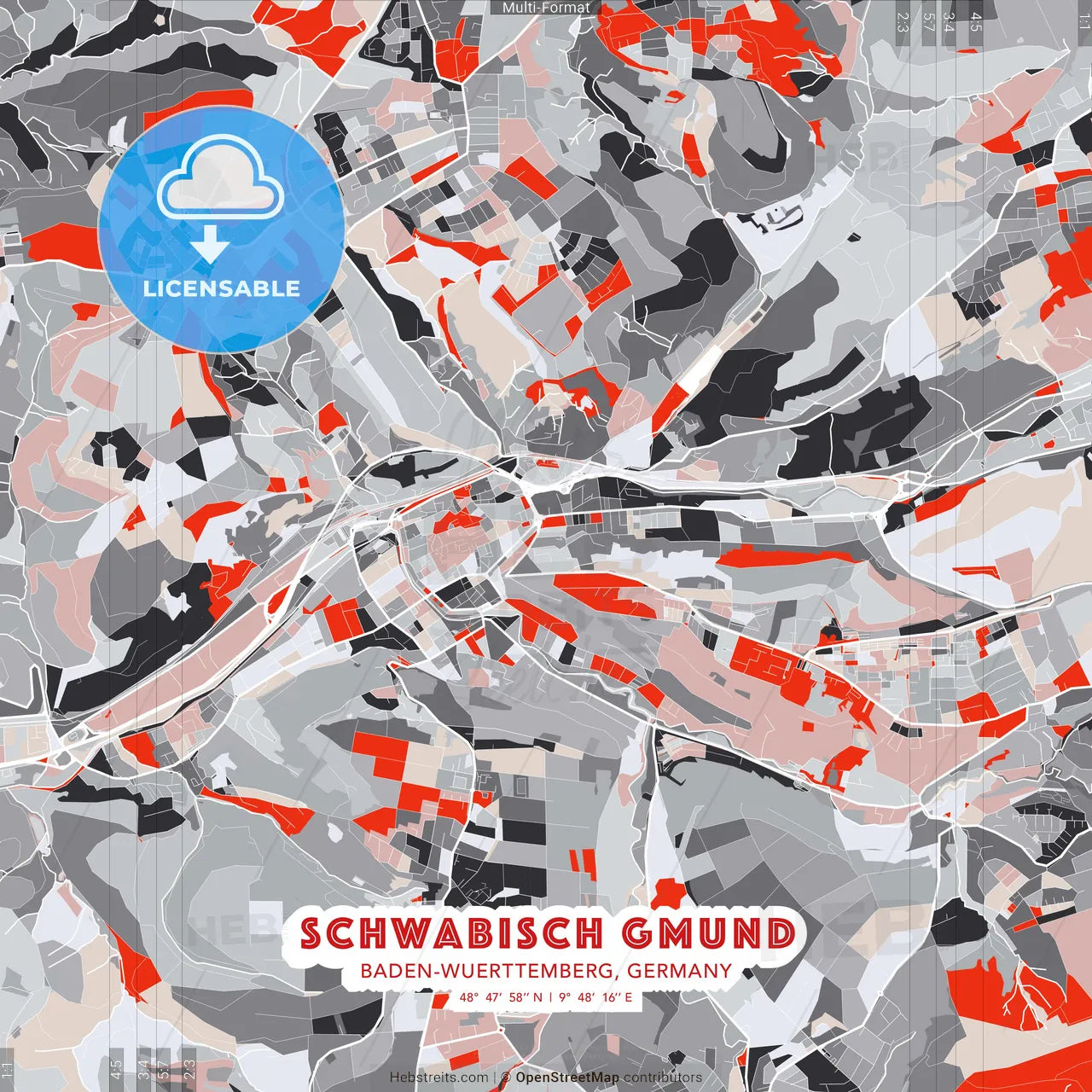 Schwabisch Gmund, Baden-Wuerttemberg, Germany - modern street map poster template with gray and red tones