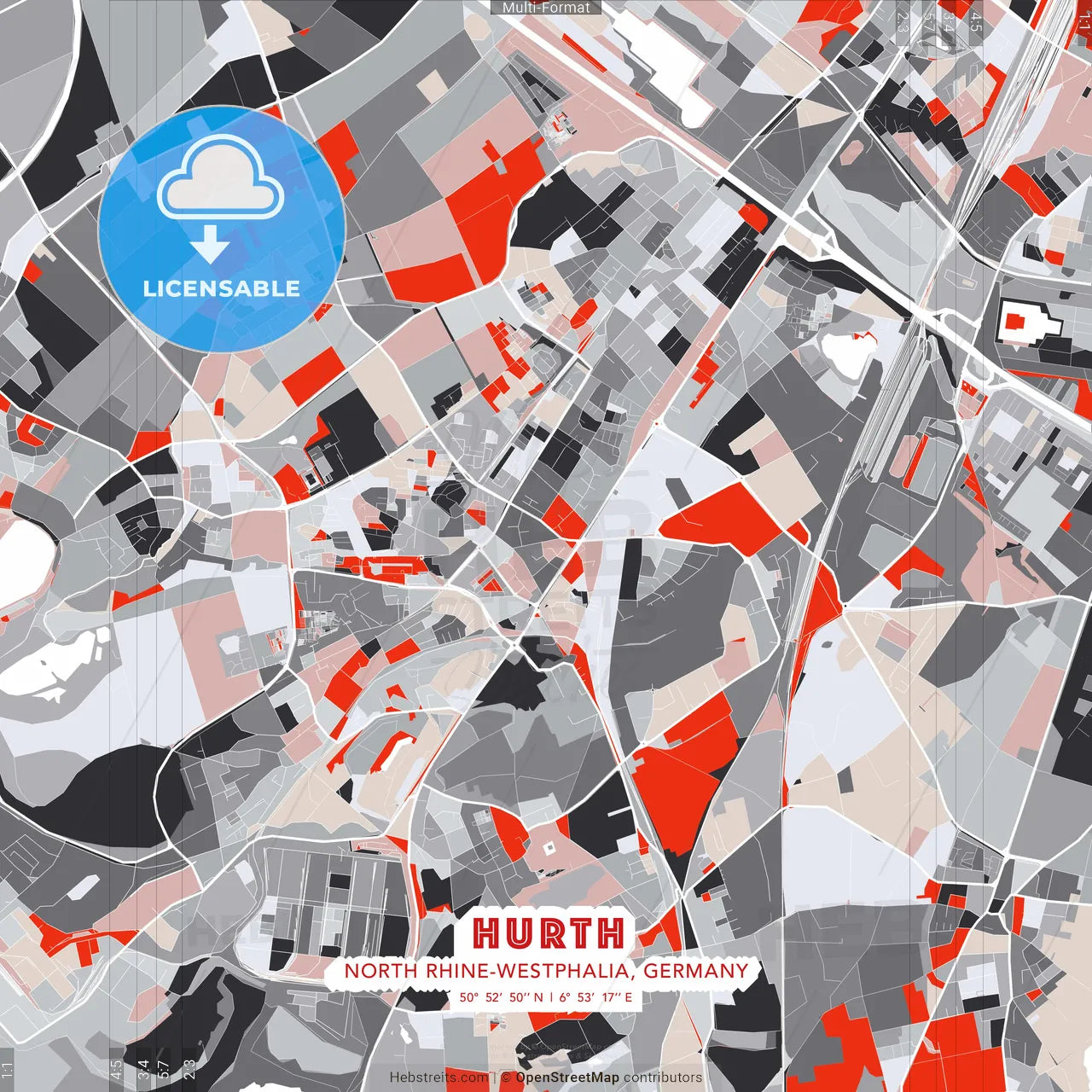 Hurth, North Rhine-Westphalia, Germany - modern street map poster template with gray and red tones