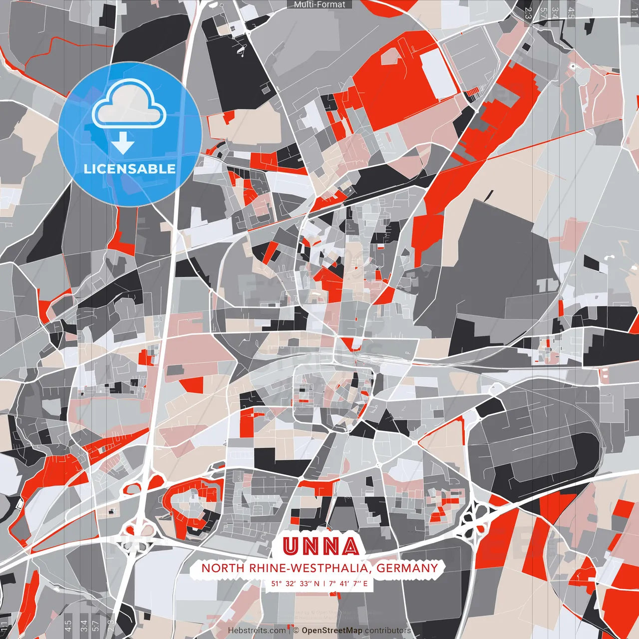 Unna, North Rhine-Westphalia, Germany - modern street map poster template with gray and red tones