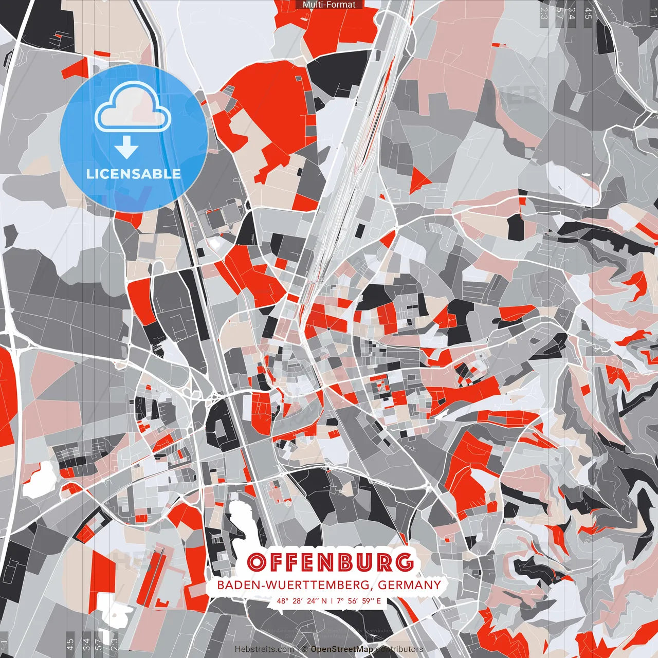 Offenburg, Baden-Wuerttemberg, Germany - modern street map poster template with gray and red tones