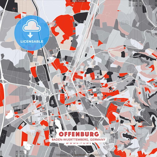 Offenburg, Baden-Wuerttemberg, Germany - modern street map poster template with gray and red tones
