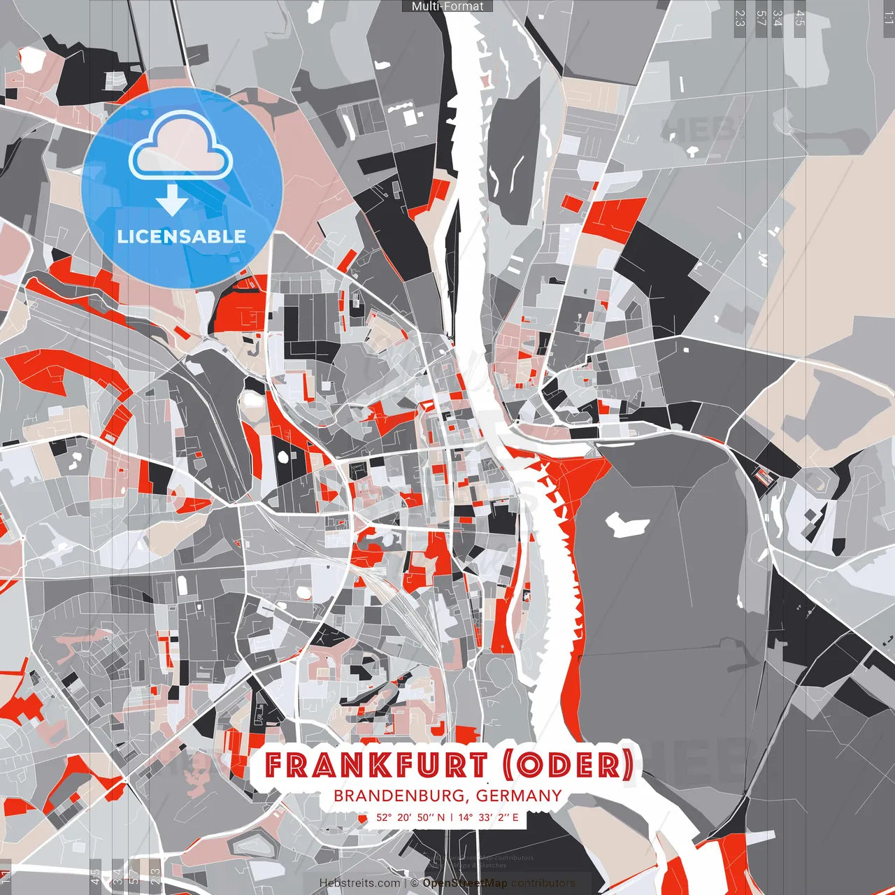 Frankfurt (Oder), Brandenburg, Germany - modern street map poster template with gray and red tones