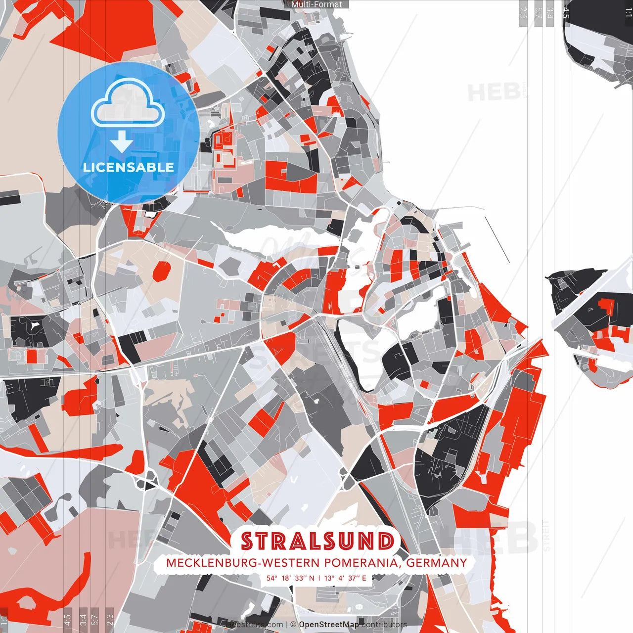 Stralsund, Mecklenburg-Western Pomerania, Germany - modern street map poster template with gray and red tones