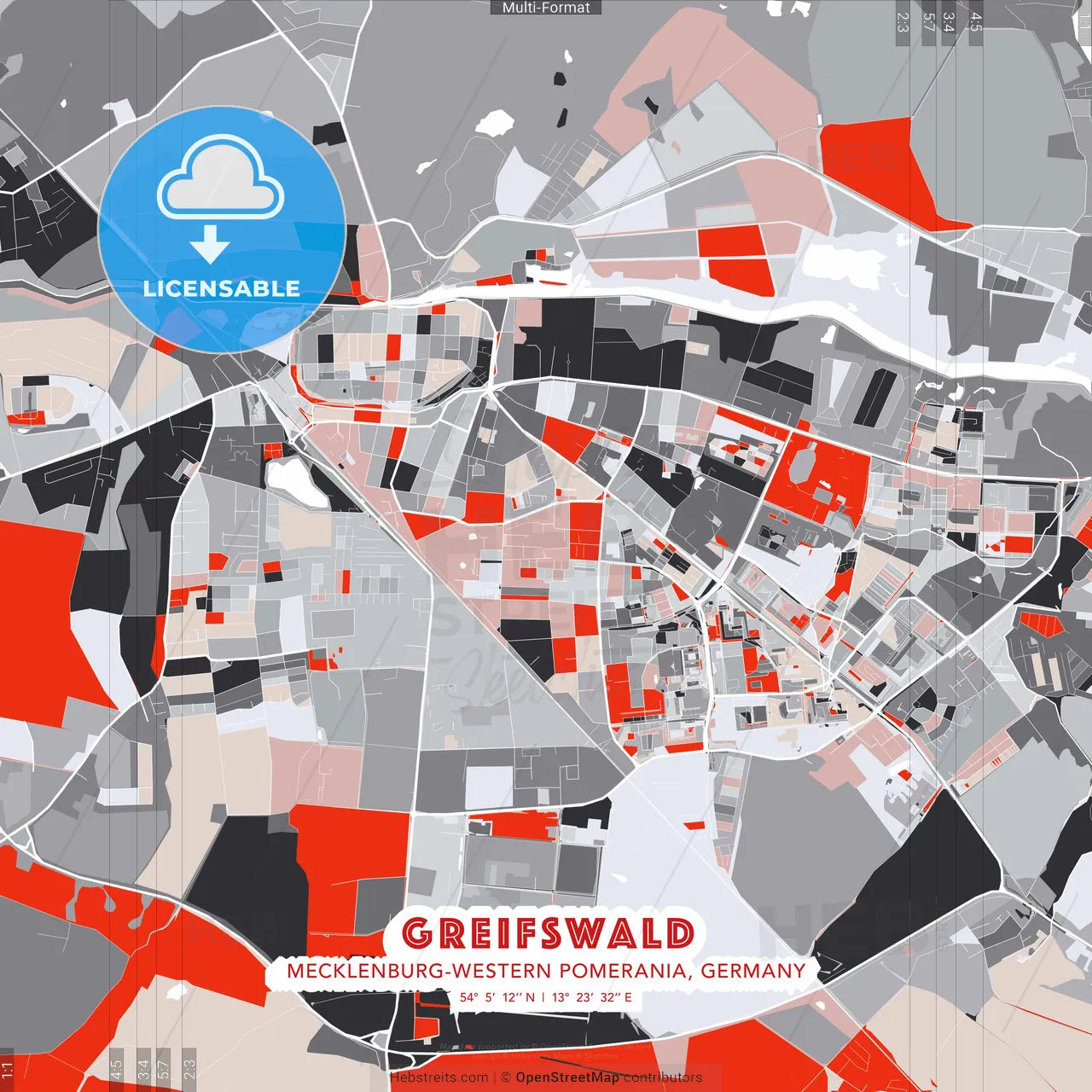 Greifswald, Mecklenburg-Western Pomerania, Germany - modern street map poster template with gray and red tones