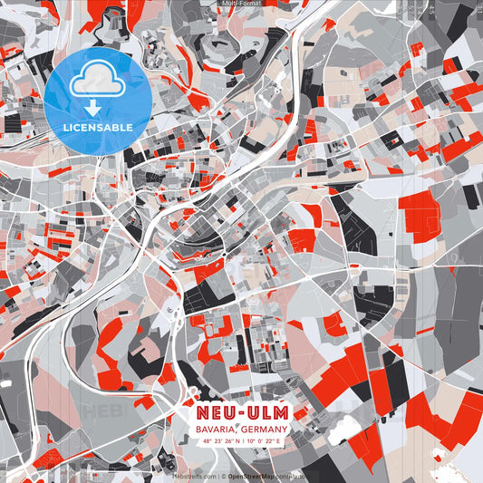 Neu-Ulm, Bavaria, Germany - modern street map poster template with gray and red tones