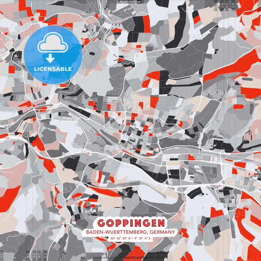 Goppingen, Baden-Wuerttemberg, Germany - modern street map poster template with gray and red tones