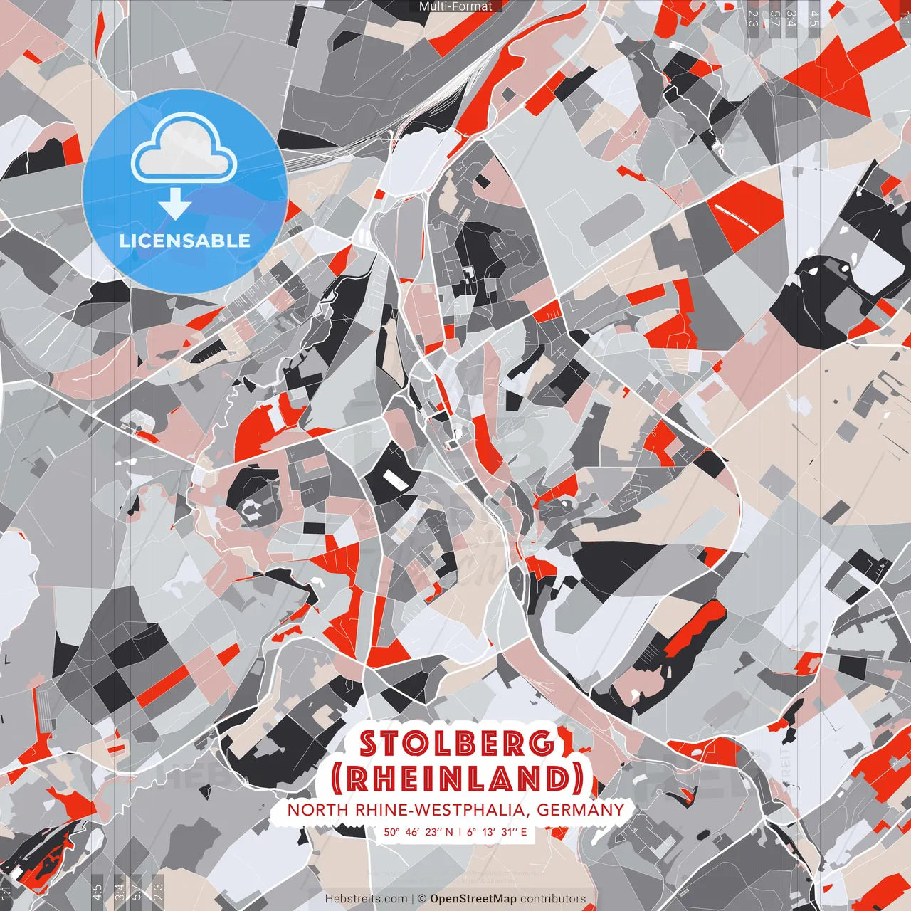 Stolberg (Rheinland), North Rhine-Westphalia, Germany - modern street map poster template with gray and red tones