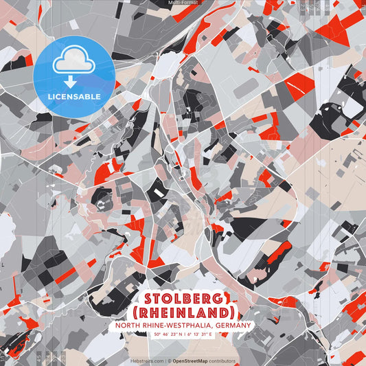 Stolberg (Rheinland), North Rhine-Westphalia, Germany - modern street map poster template with gray and red tones