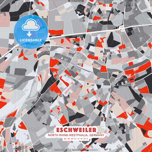 Eschweiler, North Rhine-Westphalia, Germany - modern street map poster template with gray and red tones