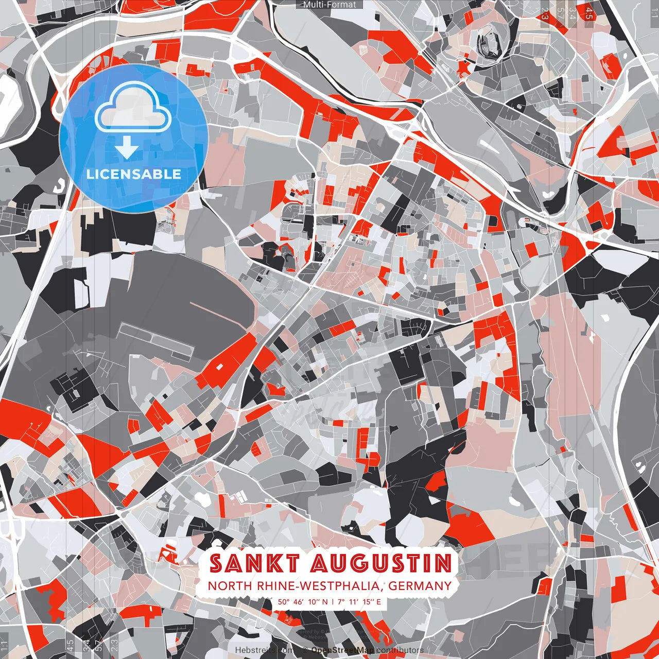 Sankt Augustin, North Rhine-Westphalia, Germany - modern street map poster template with gray and red tones