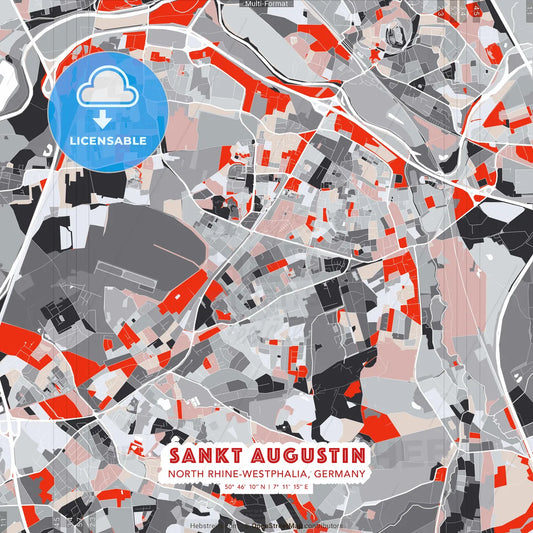 Sankt Augustin, North Rhine-Westphalia, Germany - modern street map poster template with gray and red tones