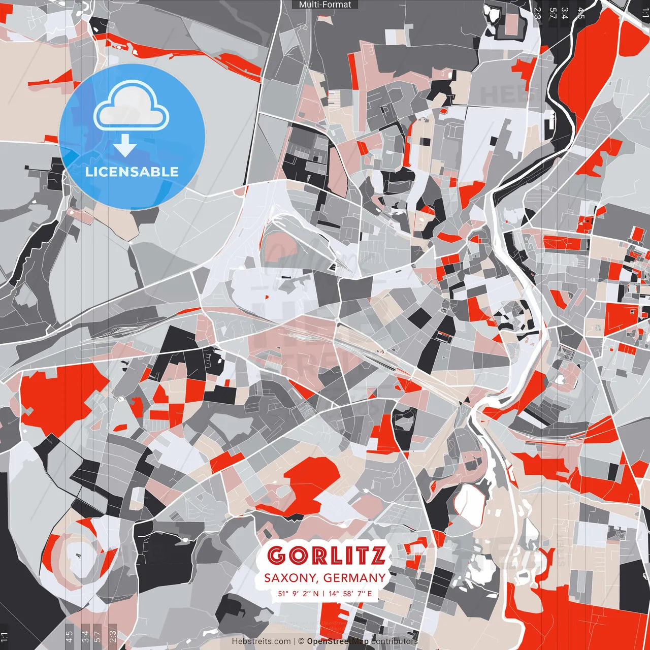 Gorlitz, Saxony, Germany - modern street map poster template with gray and red tones