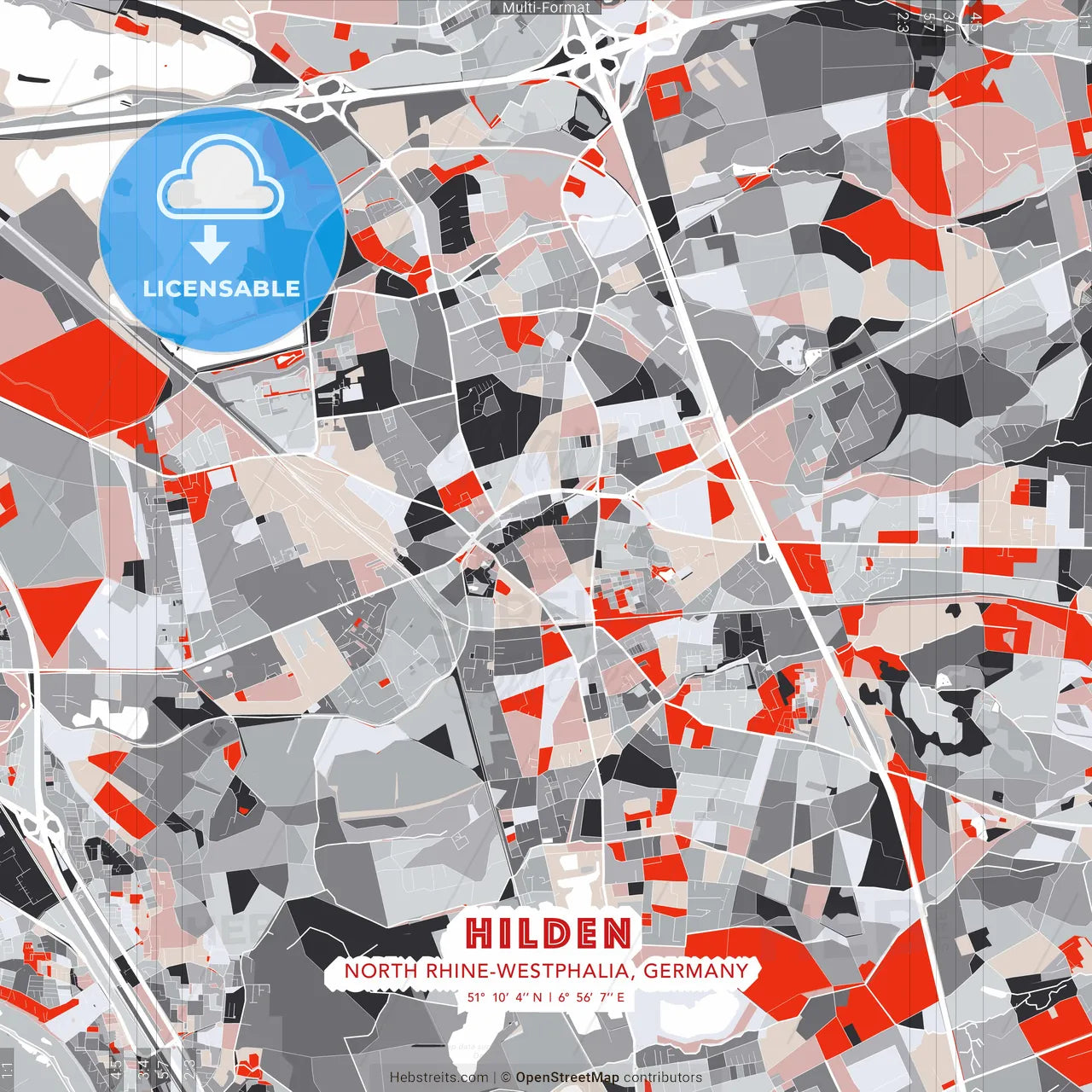 Hilden, North Rhine-Westphalia, Germany - modern street map poster template with gray and red tones