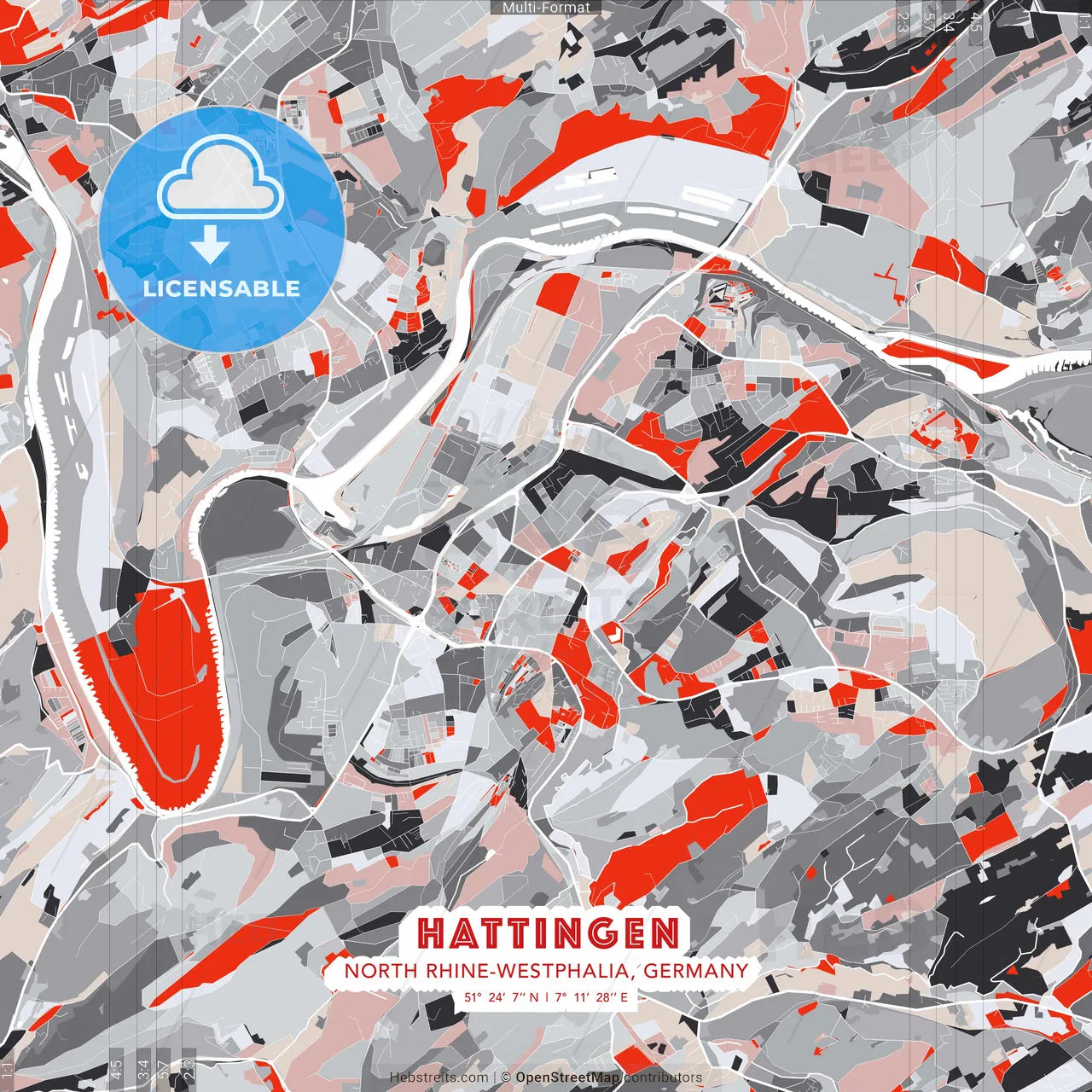 Hattingen, North Rhine-Westphalia, Germany - modern street map poster template with gray and red tones