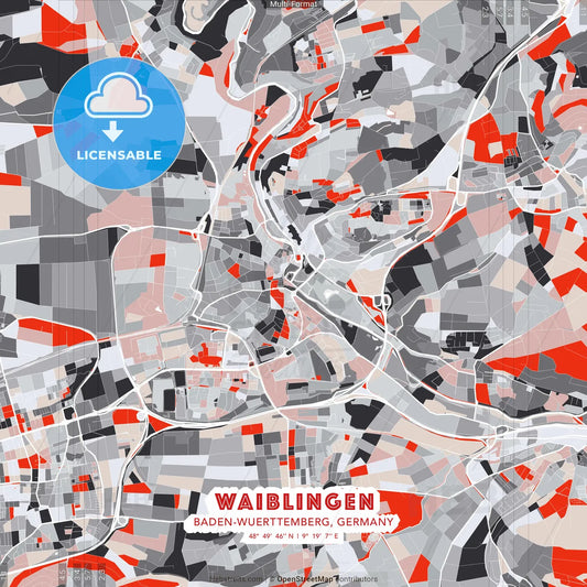 Waiblingen, Baden-Wuerttemberg, Germany - modern street map poster template with gray and red tones