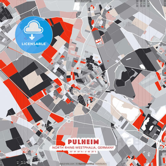 Pulheim, North Rhine-Westphalia, Germany - modern street map poster template with gray and red tones