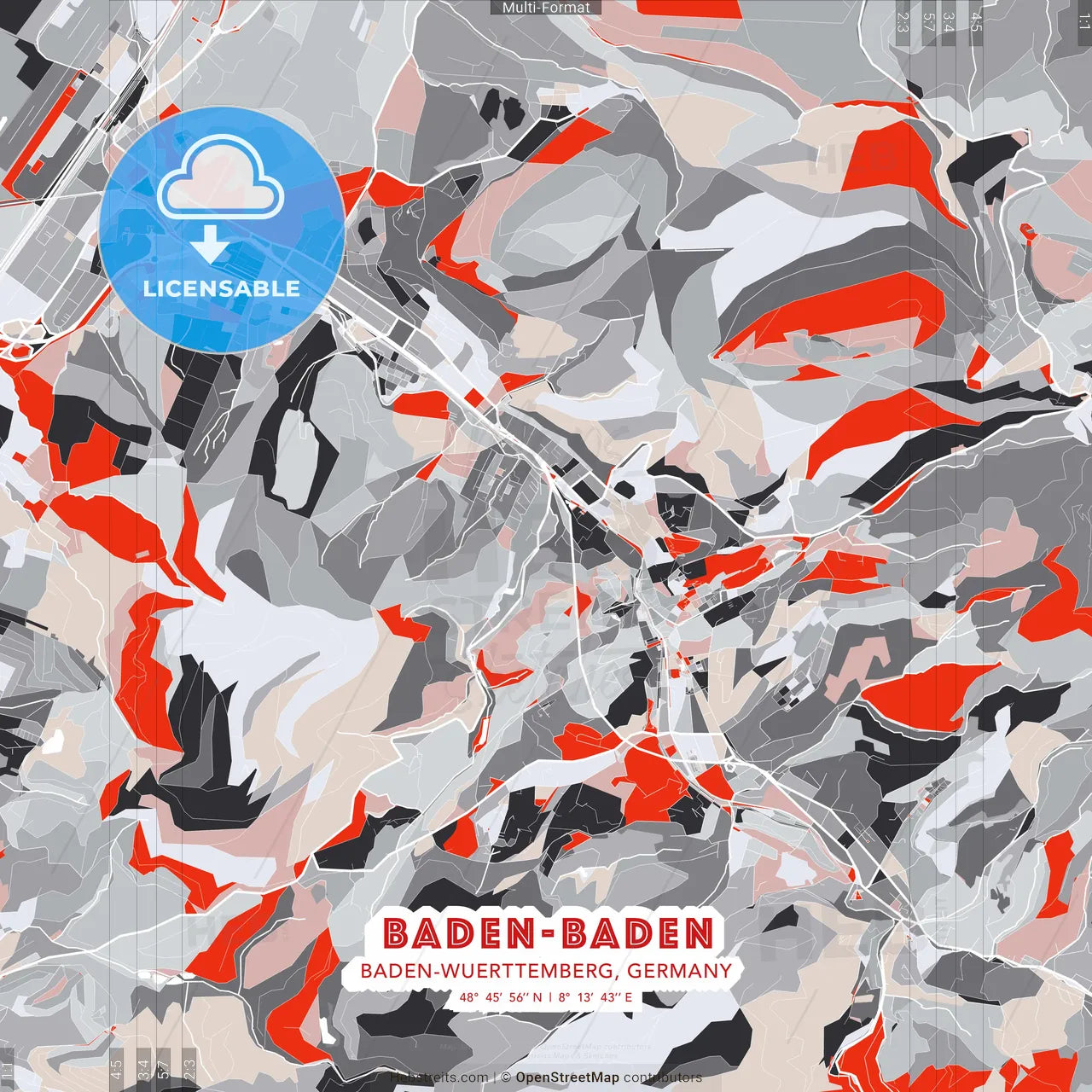 Baden-Baden, Baden-Wuerttemberg, Germany - modern street map poster template with gray and red tones