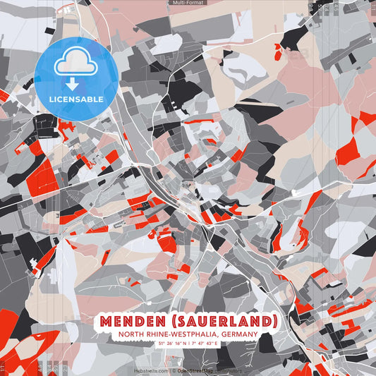 Menden (Sauerland), North Rhine-Westphalia, Germany - modern street map poster template with gray and red tones