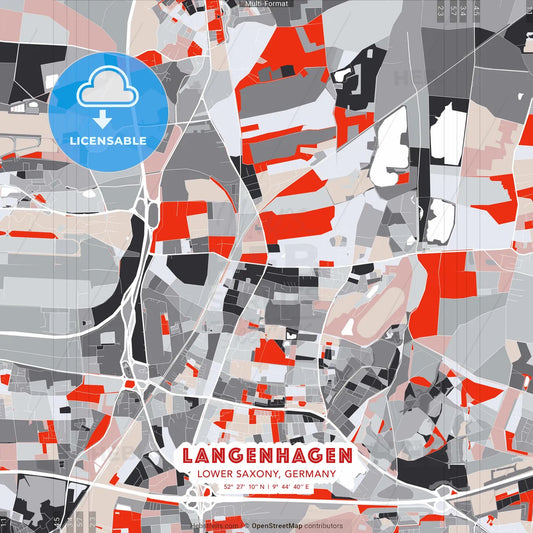 Langenhagen, Lower Saxony, Germany - modern street map poster template with gray and red tones