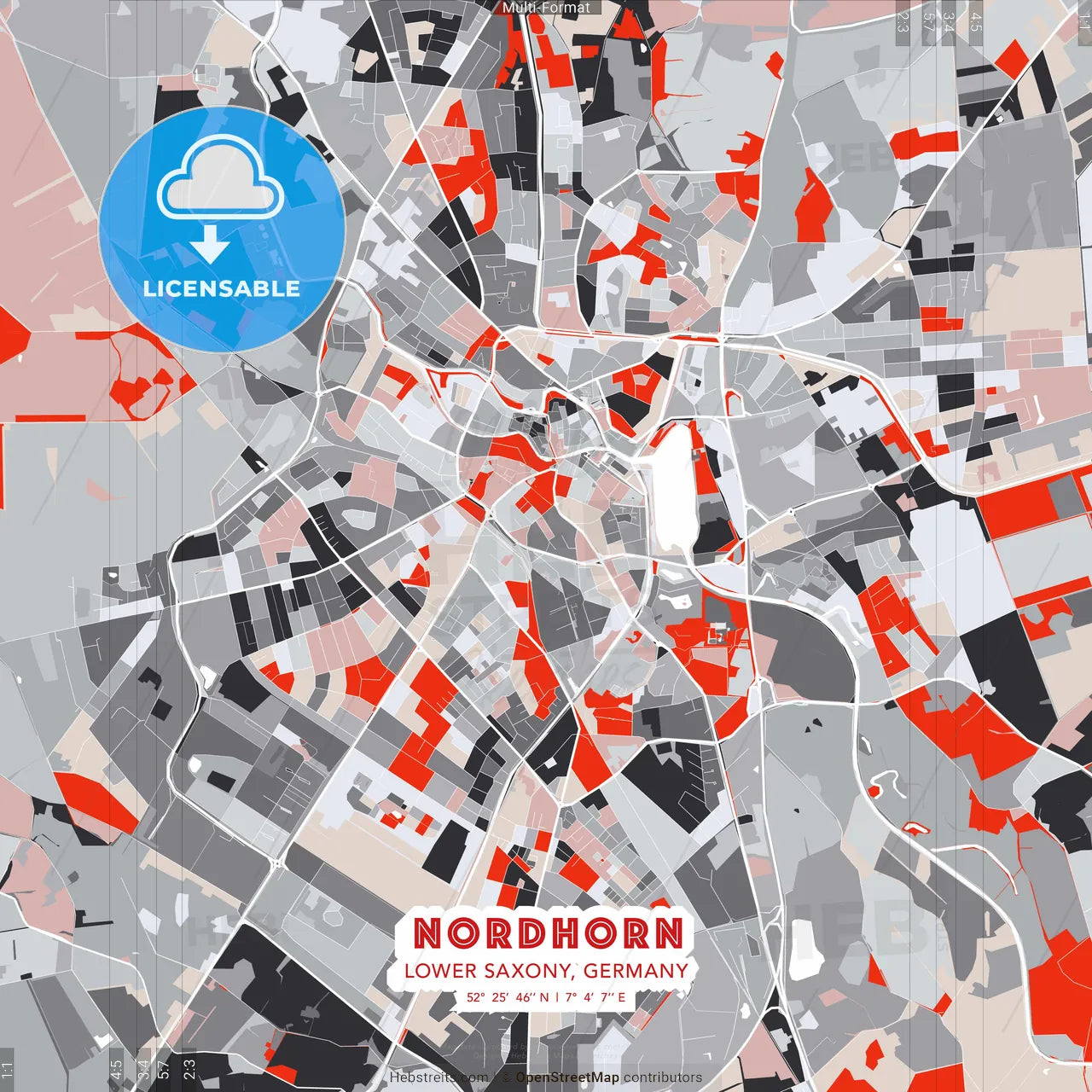 Nordhorn, Lower Saxony, Germany - modern street map poster template with gray and red tones
