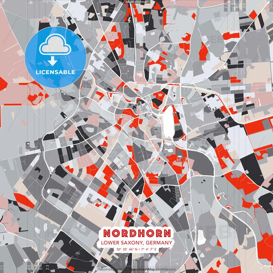 Nordhorn, Lower Saxony, Germany - modern street map poster template with gray and red tones