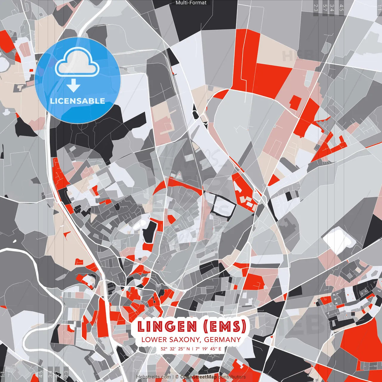 Lingen (Ems), Lower Saxony, Germany - modern street map poster template with gray and red tones