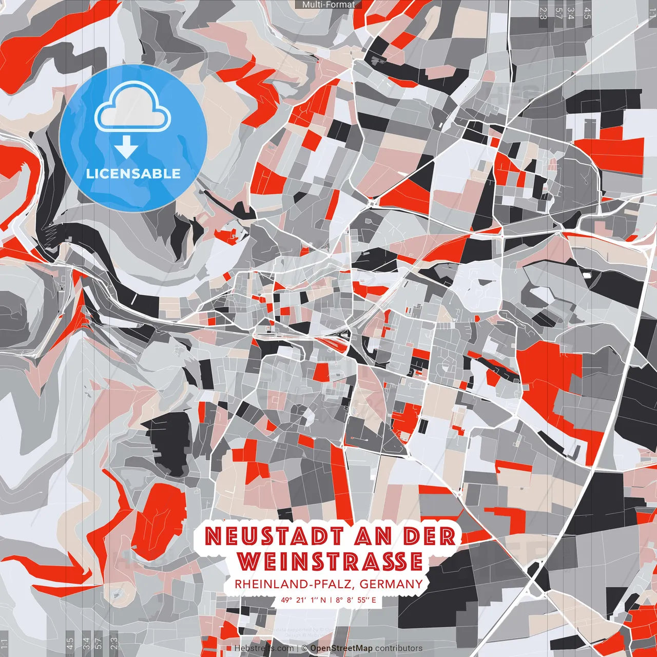 Neustadt an der Weinstraße, Rheinland-Pfalz, Germany - modern street map poster template with gray and red tones