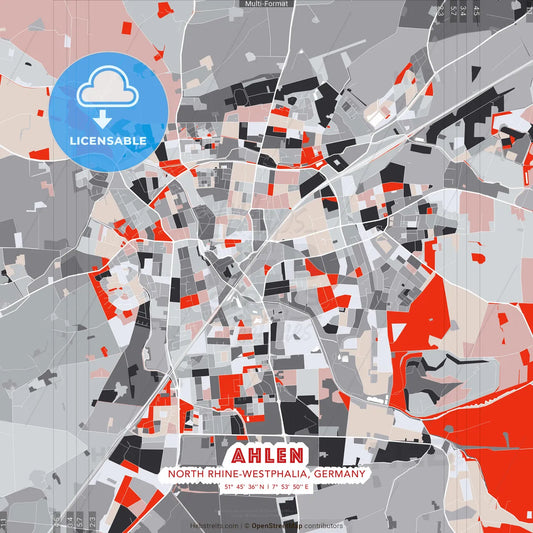 Ahlen, North Rhine-Westphalia, Germany - modern street map poster template with gray and red tones