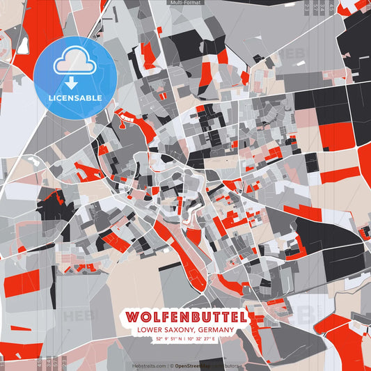 Wolfenbuttel, Lower Saxony, Germany - modern street map poster template with gray and red tones