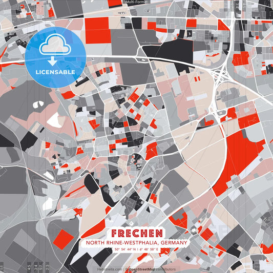 Frechen, North Rhine-Westphalia, Germany - modern street map poster template with gray and red tones