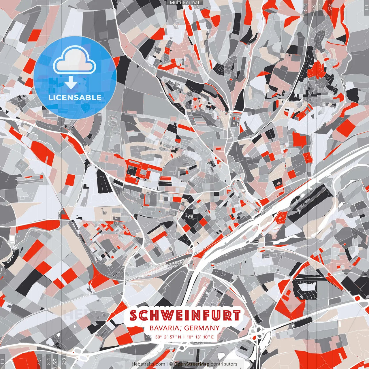 Schweinfurt, Bavaria, Germany - modern street map poster template with gray and red tones