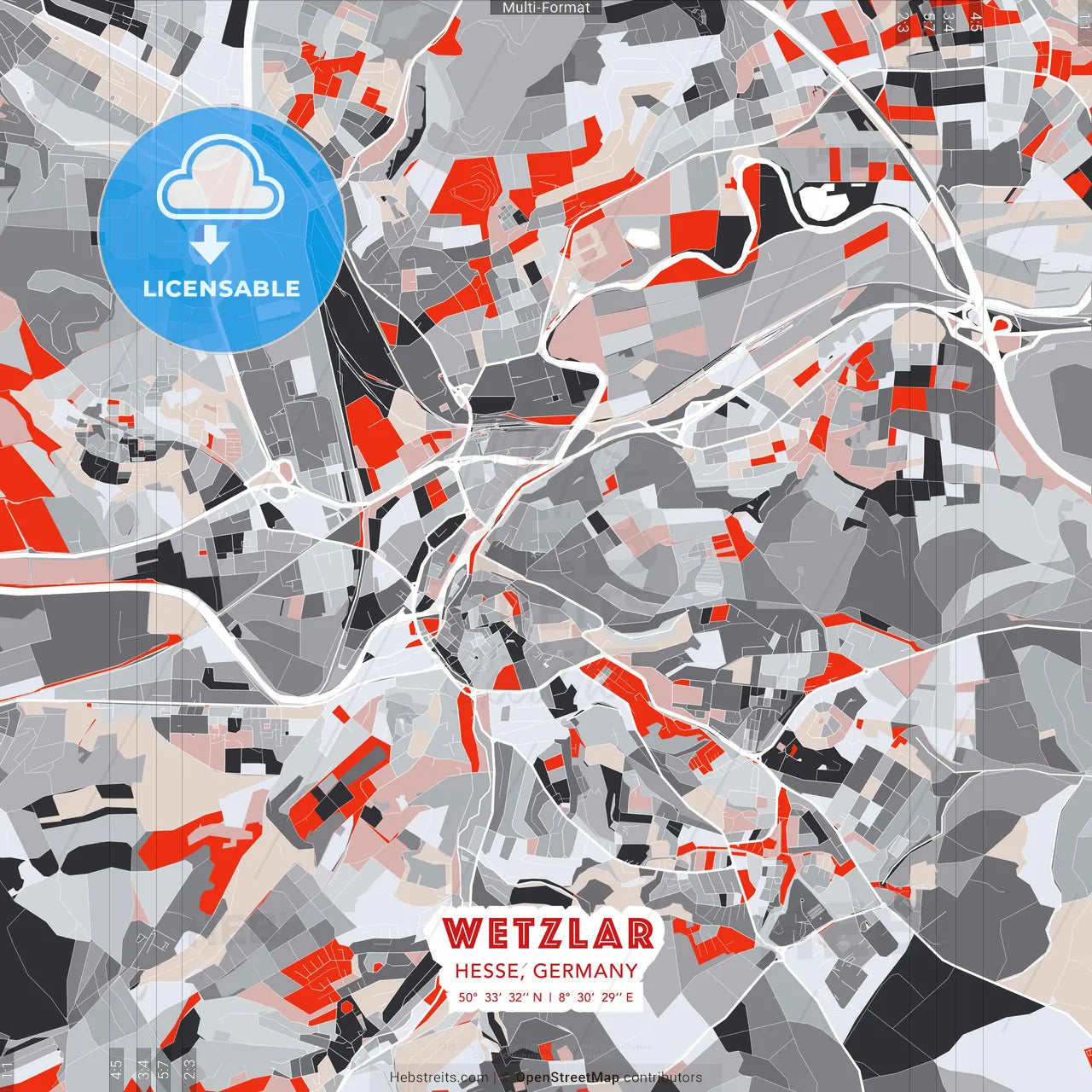 Wetzlar, Hesse, Germany - modern street map poster template with gray and red tones