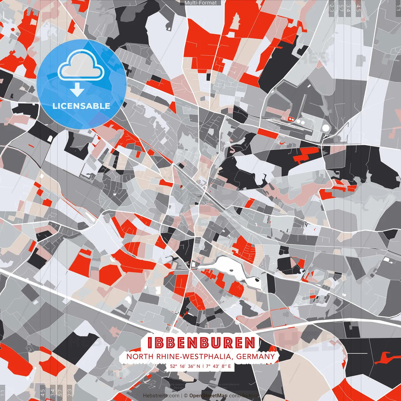 Ibbenburen, North Rhine-Westphalia, Germany - modern street map poster template with gray and red tones
