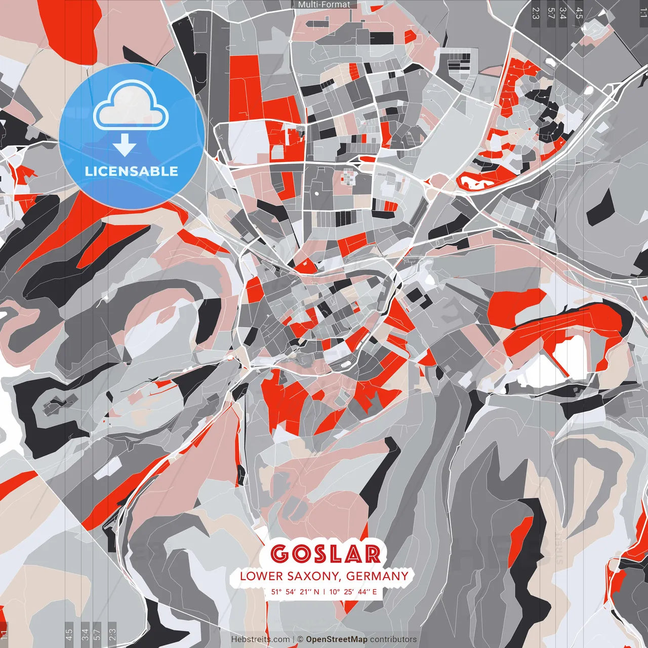 Goslar, Lower Saxony, Germany - modern street map poster template with gray and red tones