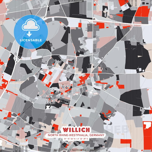 Willich, North Rhine-Westphalia, Germany - modern street map poster template with gray and red tones